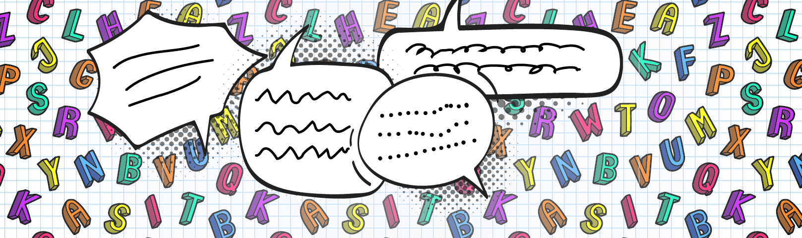 Illustration of four speech bubbles with a colorful collection of letters in the background