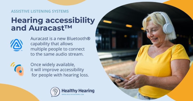 An infographic on the potential benefits of Auracast broadcast audio and hearing aids. 