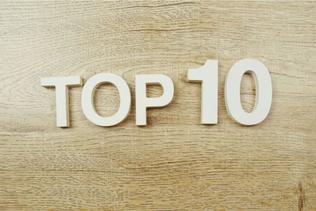 top 10 in white letters atop a wood grain-textured background