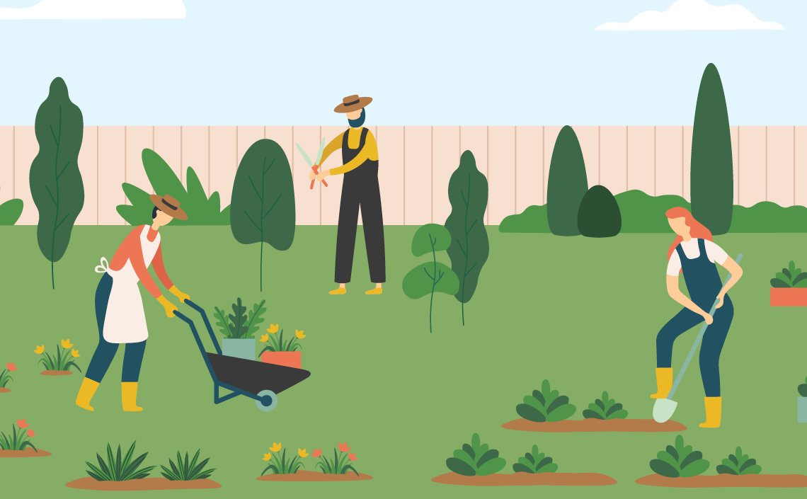an illustration of a man and a woman gardening