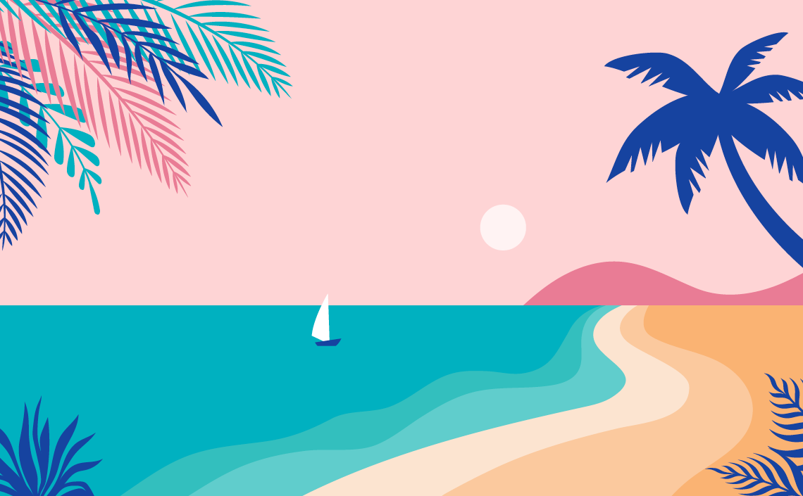 retro illustration of an island beach at sunset