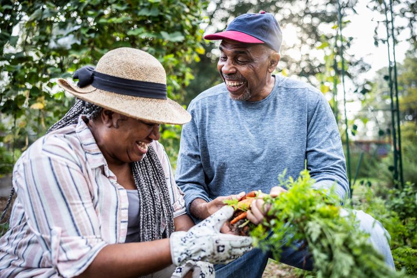Couple gardening together outside