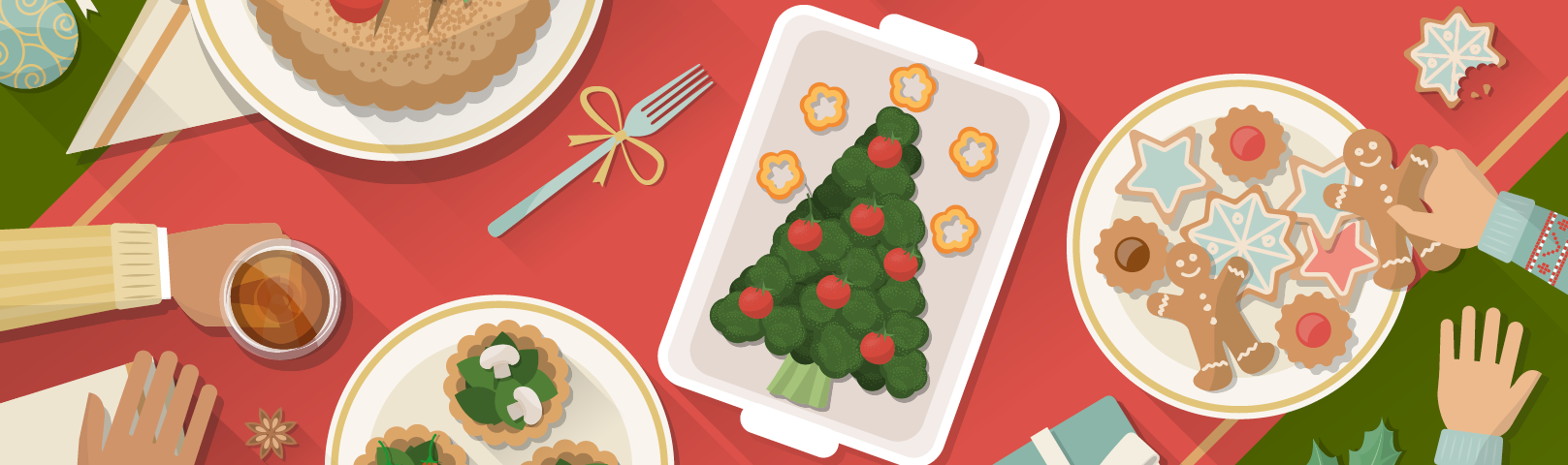 Illustration of holiday table full of treats