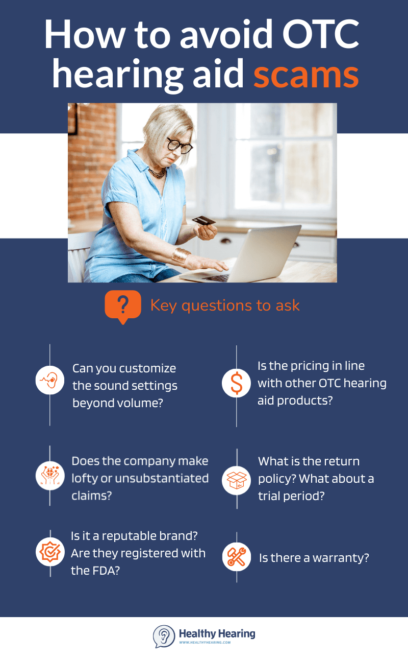 Infographic with tips for avoiding OTC hearing aid scams.