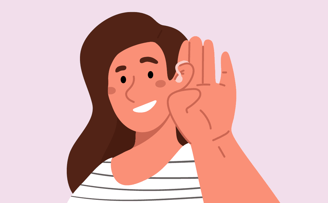 An illustration of a latina woman smiling while wearing hearing aids