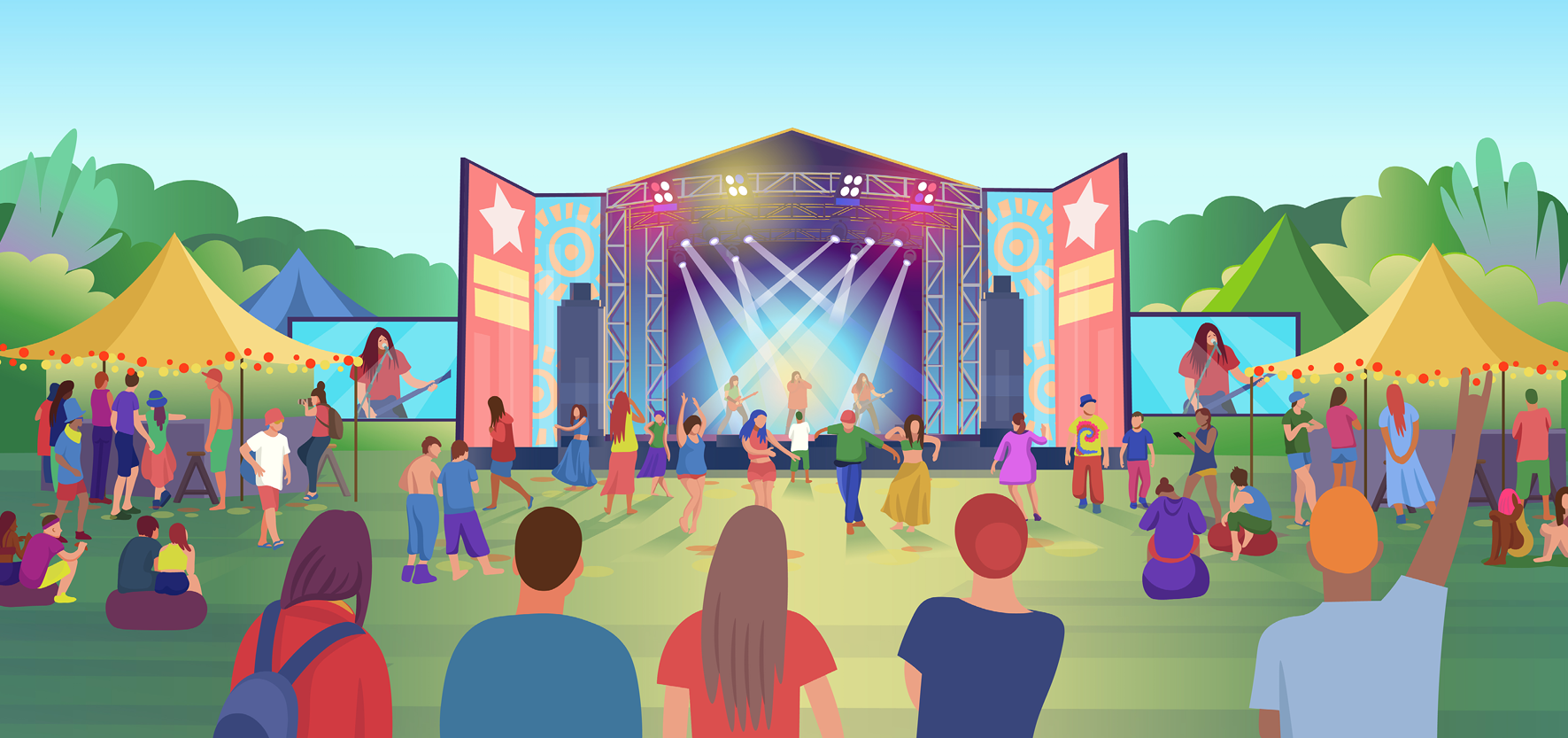 An illustration of young people at an outdoor concert