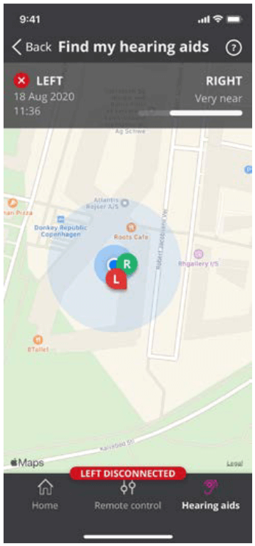 Screenshot of the Oticon On app find my hearing aids feature.