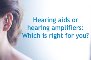 Woman with hearing aid, words saying 