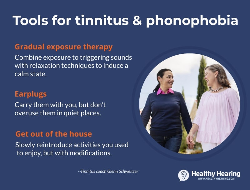 Infographic explaining three tools for phonophobia related to tinnitus. 