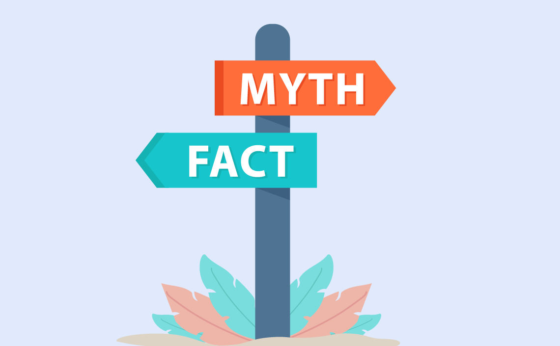 An illustration of two signs pointing different directions saying myth and fact